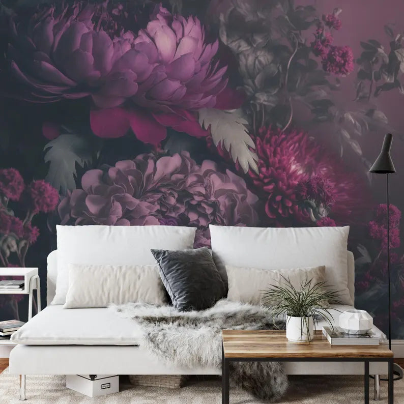 Baroque Peony Wallpaper Mural, Rich Deep Colors