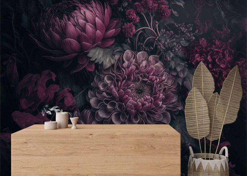 Close-up detail of peel and stick floral wallpaper showing intricate peony blooms and baroque patterns