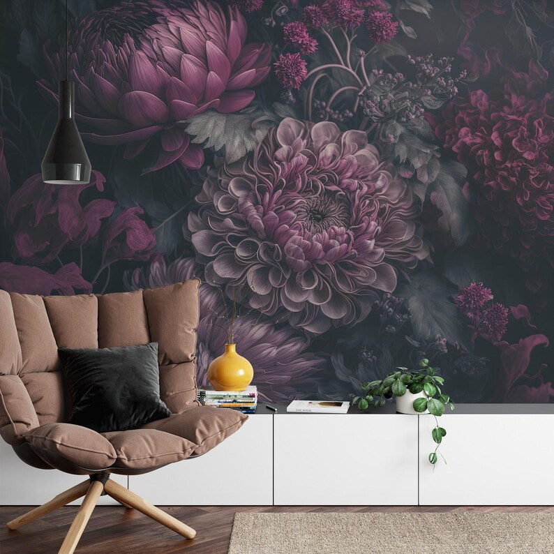 Full wall view of baroque peonies wallpaper mural in interior room setting