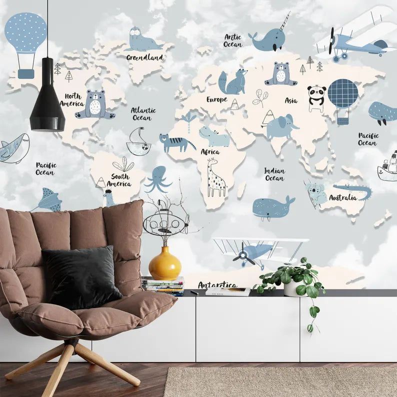 Animal World Map Wallpaper Mural - Kids Room Decor