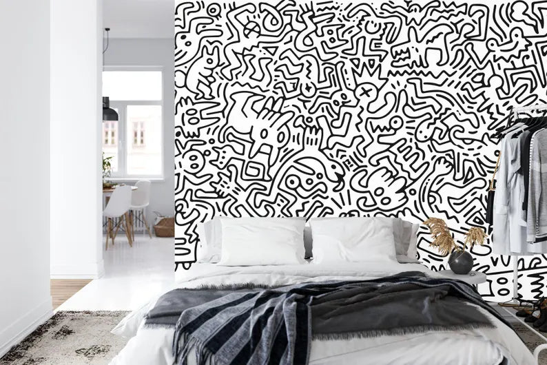 Black and White Doodle Mural Kids Room Wallpaper