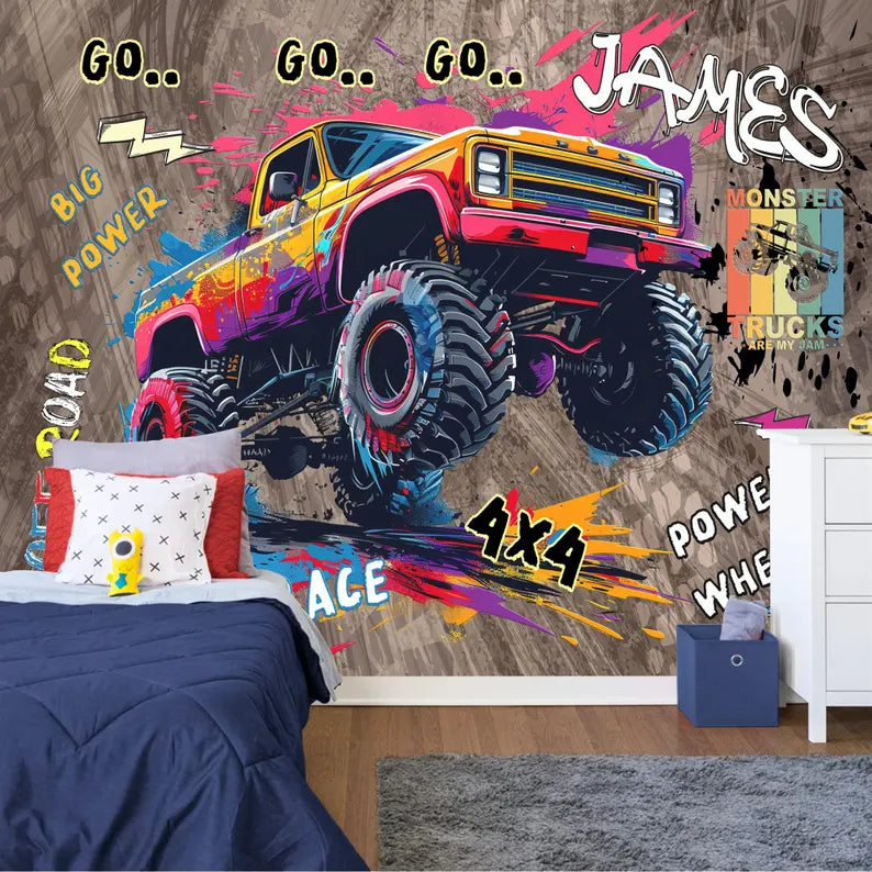 Wallpaper, Personalised Monster Truck Wall Mural, Gaming Room Decor