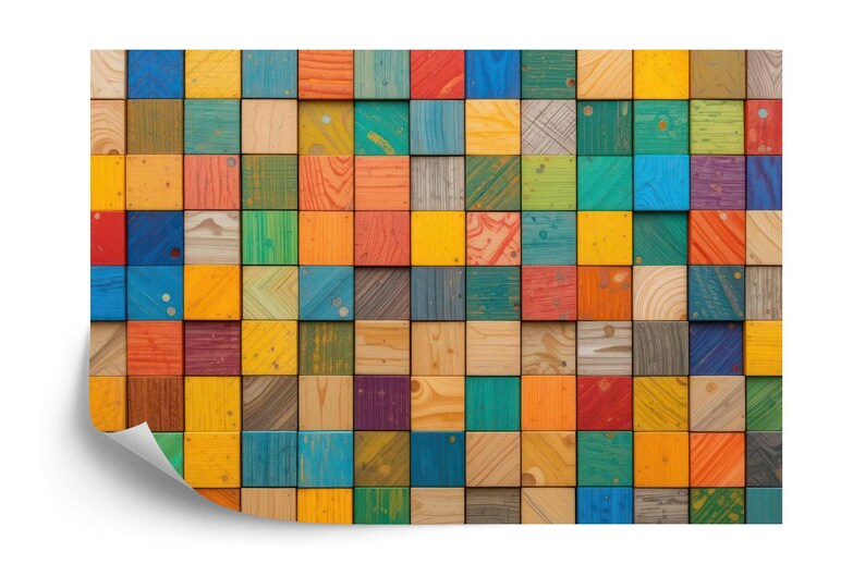 3D Wooden Blocks Wallpaper Mural, Colorful Abstract Wall Decal