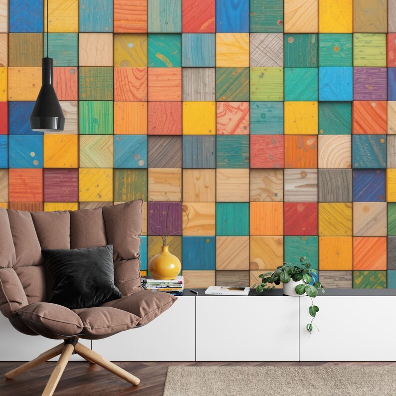 3D Wooden Blocks Wallpaper Mural, Colorful Abstract Wall Decal