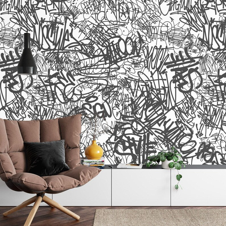 Urban Graffiti Wallpaper Mural, Black and White