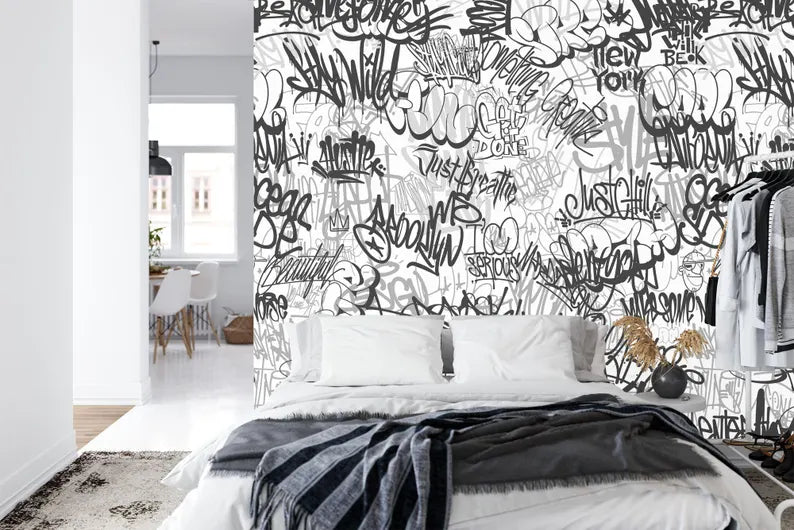 Urban Graffiti Wallpaper Mural, Black and White