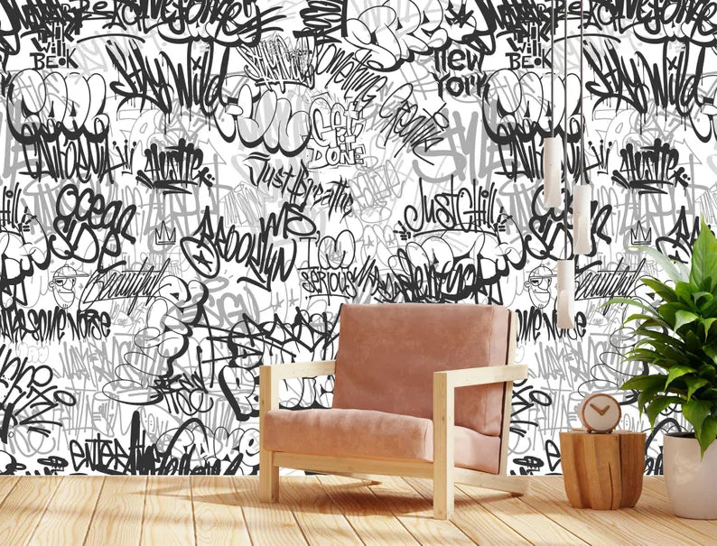 Urban Graffiti Wallpaper Mural, Black and White