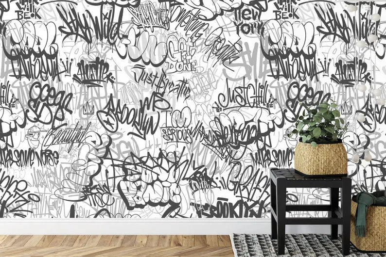 Urban Graffiti Wallpaper Mural, Black and White