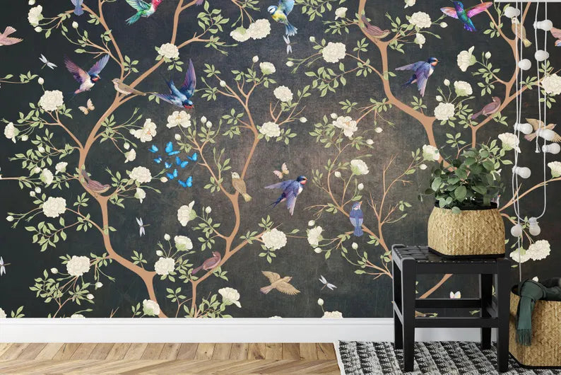 Chinoiserie Floral Bird Wallpaper Mural, Vintage Art Print
