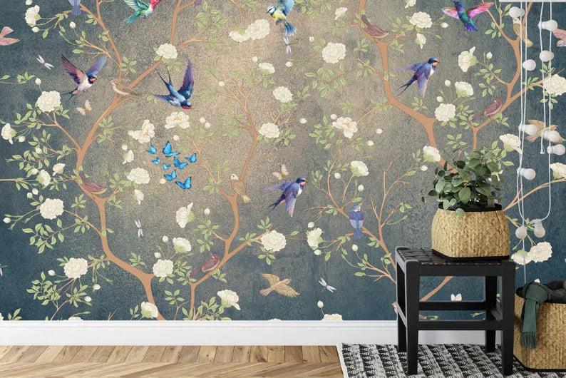 Chinoiserie Flowers Birds Wallpaper Mural, Vintage Art Print