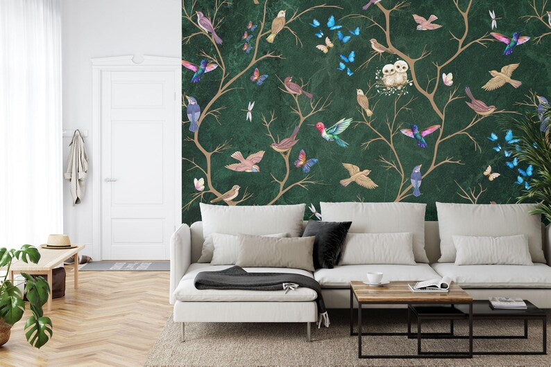 Chinoiserie Floral Bird Wallpaper Mural – Vintage Pastel