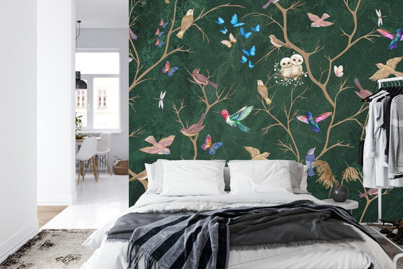 Chinoiserie Floral Bird Wallpaper Mural – Vintage Pastel