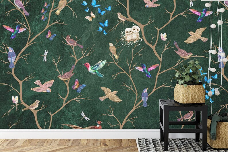 Chinoiserie Floral Bird Wallpaper Mural – Vintage Pastel