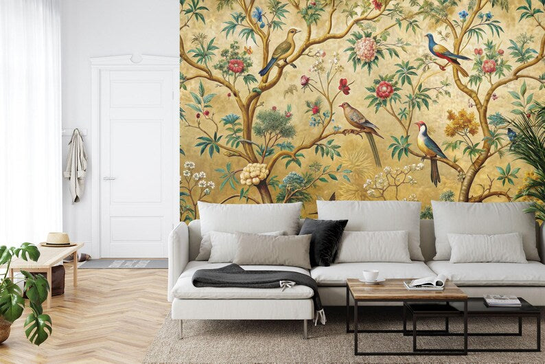Chinoiserie Crane Wallpaper Mural, Spring Flowers Birds