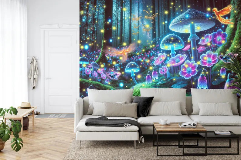 Enchanted Forest Luminous Mushroom Wallpaper Mural