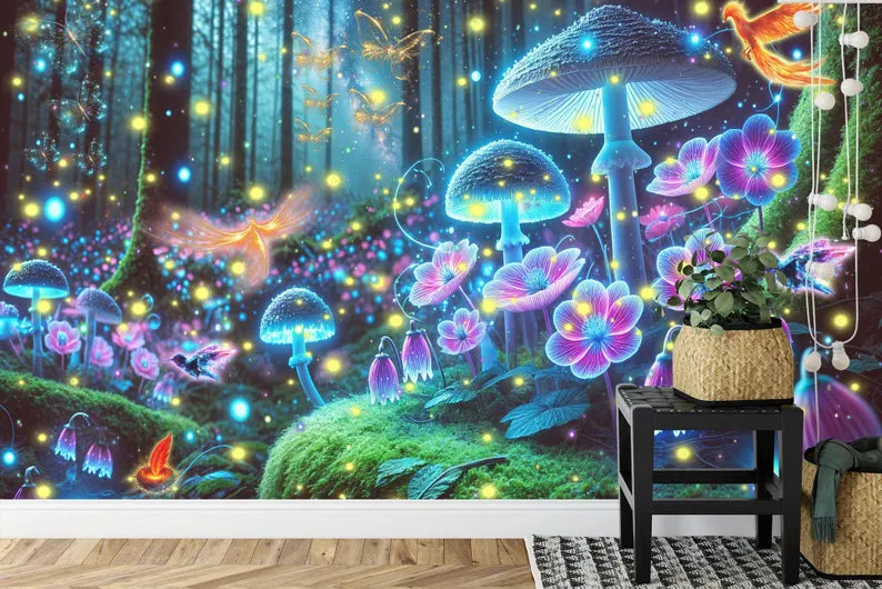 Enchanted Forest Luminous Mushroom Wallpaper Mural