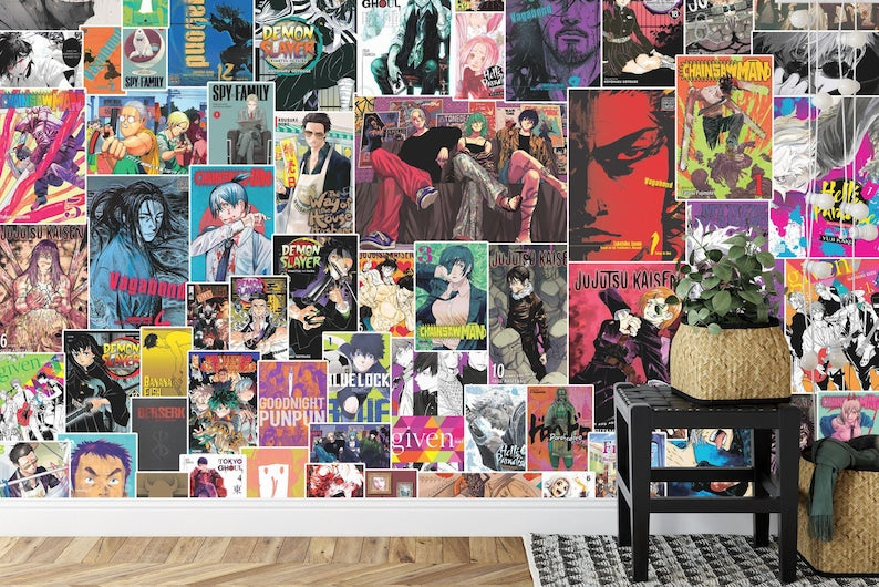 Anime Manga Collage Wallpaper, Hand-Drawn Comics Mural