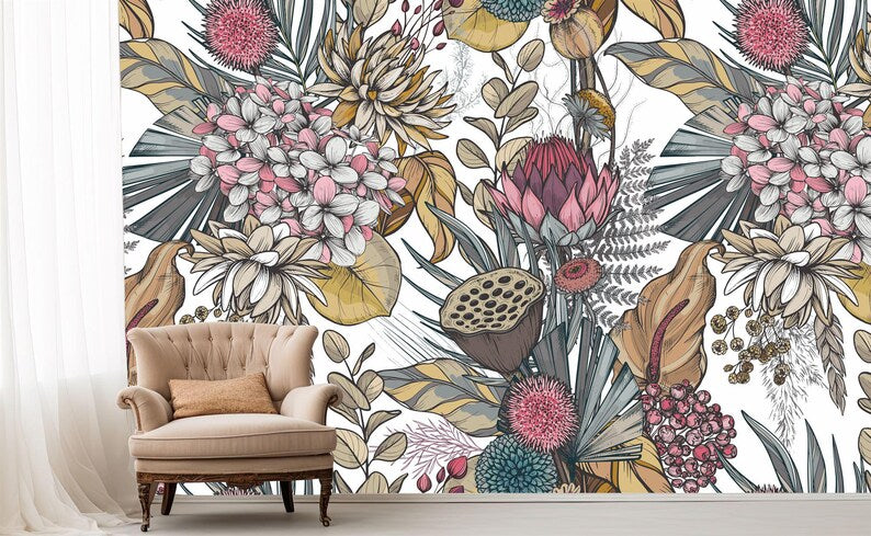 Dried Flowers Wallpaper Mural, Floral Art Print Decor