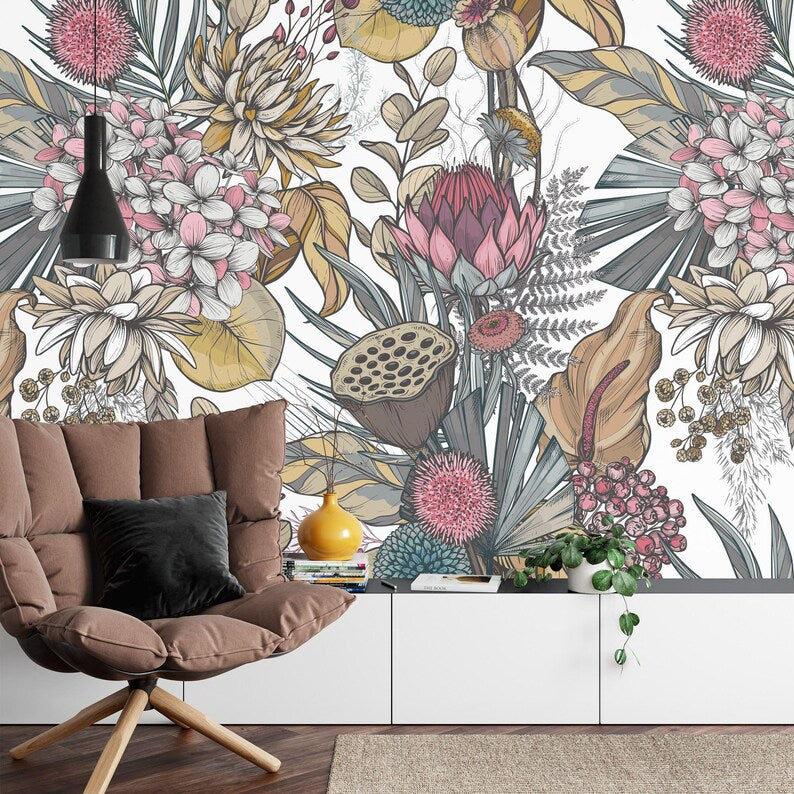 Dried Flowers Wallpaper Mural, Floral Art Print Decor