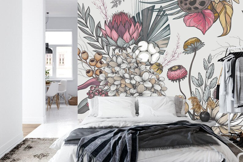 Dried Flowers Art Print Wallpaper, Floral Pattern