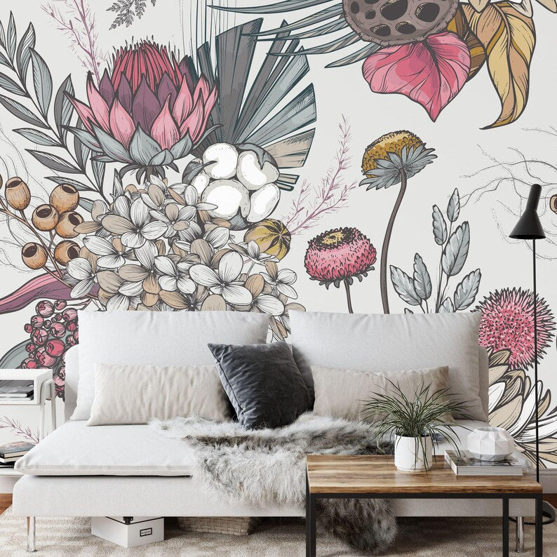 Dried Flowers Art Print Wallpaper, Floral Pattern