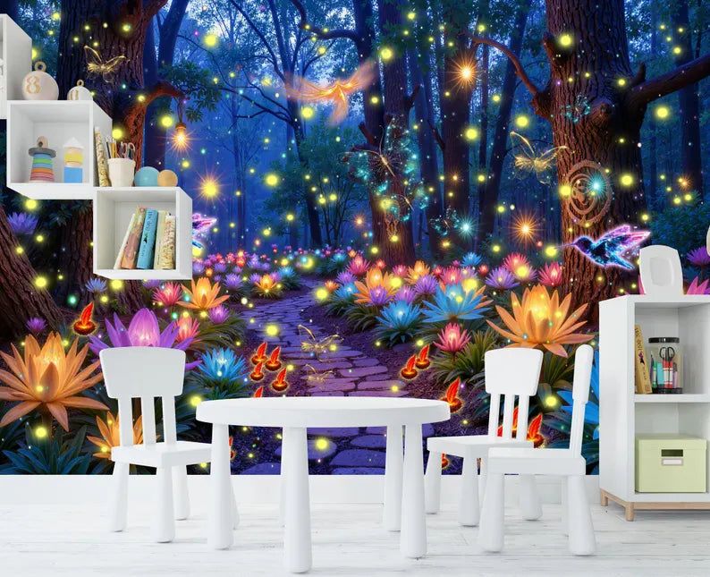 Enchanted Forest Wallpaper Mural, Luminous Butterflies