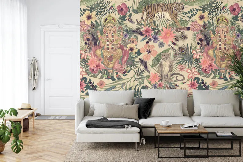 Ganesha Tiger Floral Wallpaper Mural, Peel and Stick Decal