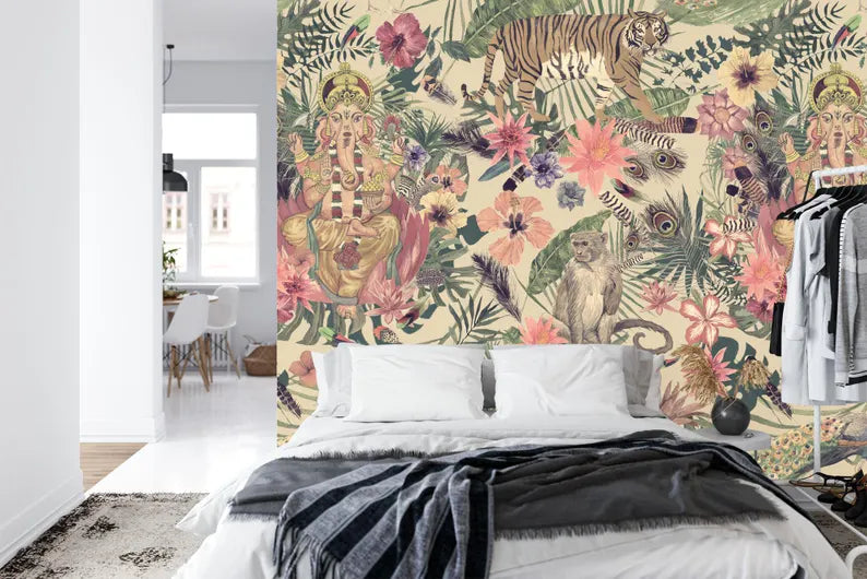Ganesha Tiger Floral Wallpaper Mural, Peel and Stick Decal