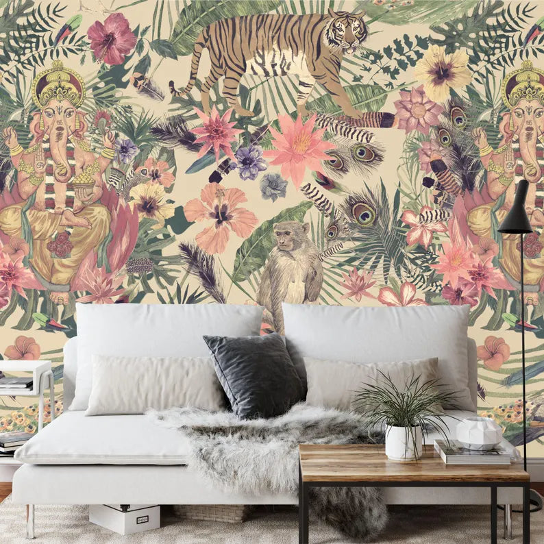 Ganesha Tiger Floral Wallpaper Mural, Peel and Stick Decal