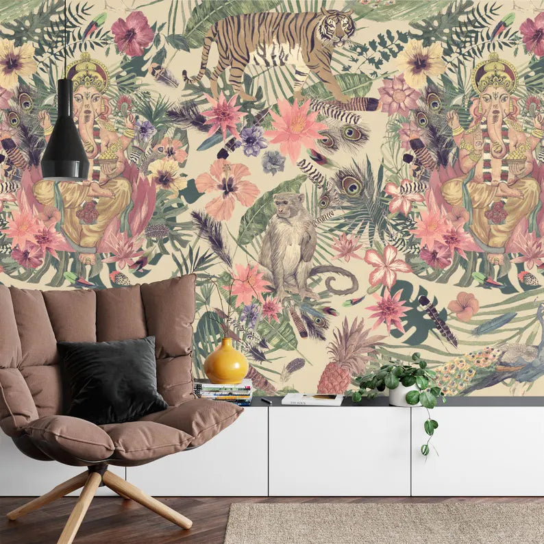 Ganesha Tiger Floral Wallpaper Mural, Peel and Stick Decal