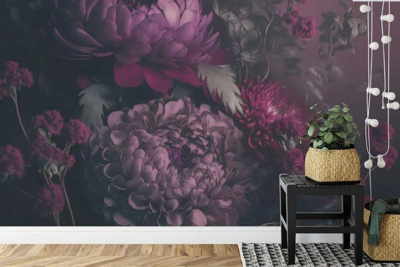 Baroque Peony Wallpaper Mural, Rich Deep Colors