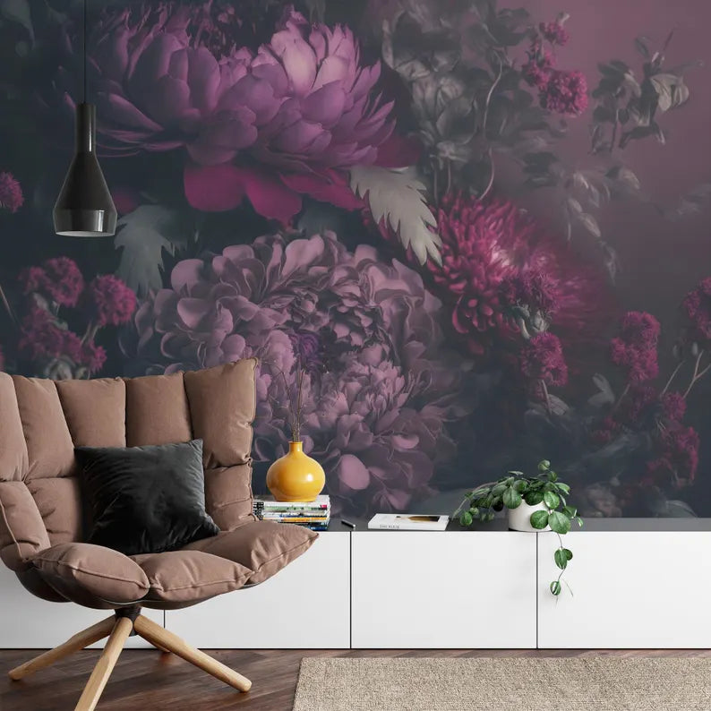 Baroque Peony Wallpaper Mural, Rich Deep Colors