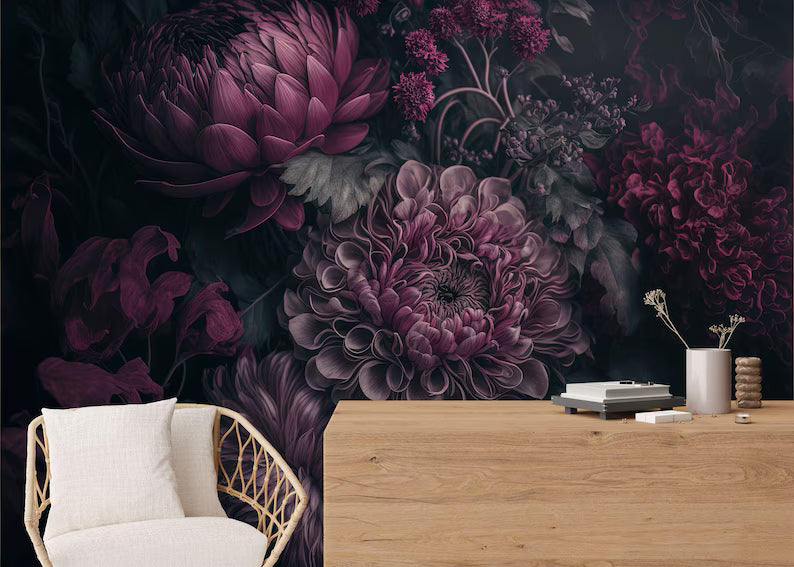 Floral wallpaper mural installed in bedroom setting with vintage baroque peony design