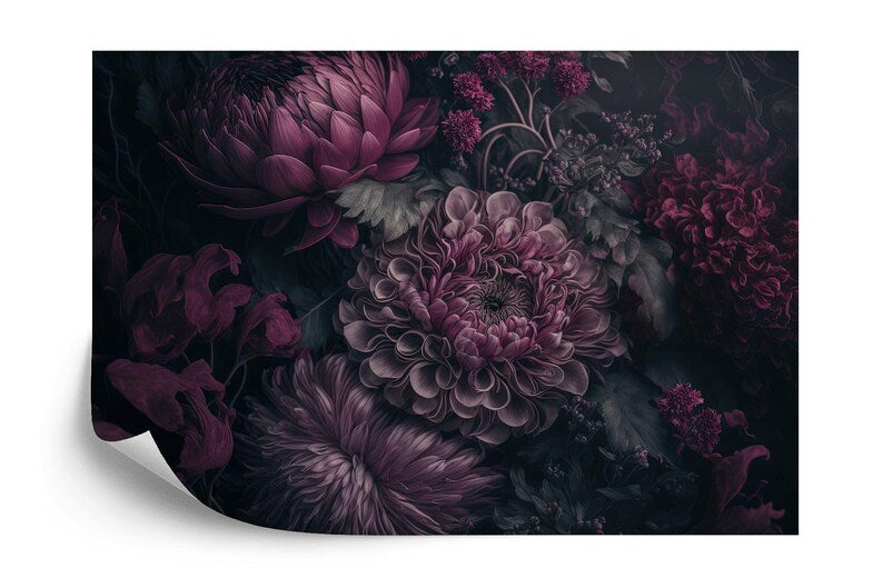 Ornate floral wallpaper pattern featuring vintage baroque peonies in deep rich colors
