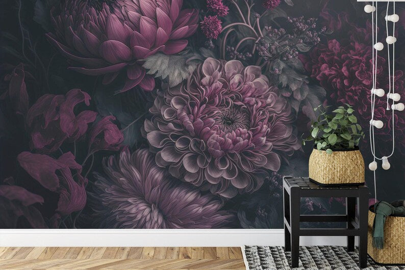 Detailed view of baroque style peony wallpaper with rich burgundy and cream tones