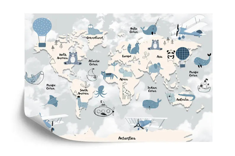 Animal World Map Wallpaper Mural - Kids Room Decor