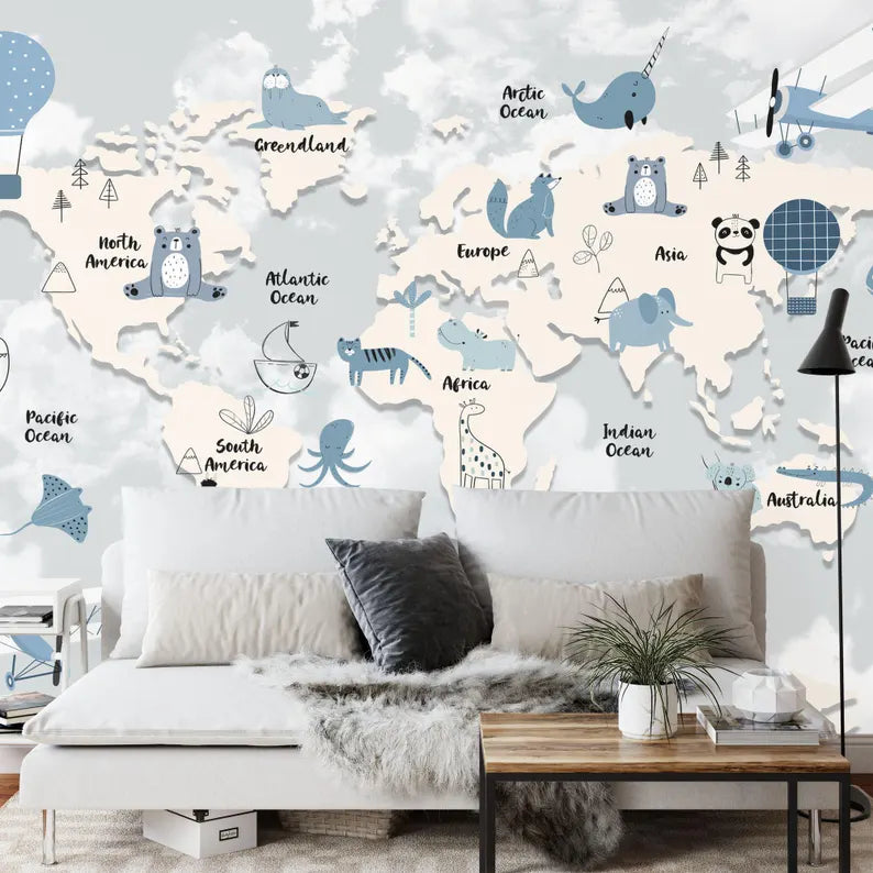 Animal World Map Wallpaper Mural - Kids Room Decor