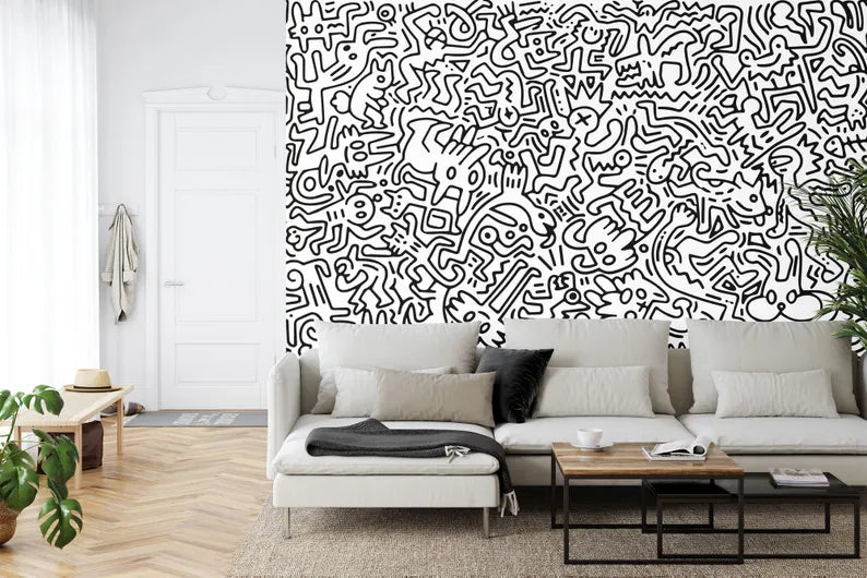 Black and White Doodle Mural Kids Room Wallpaper