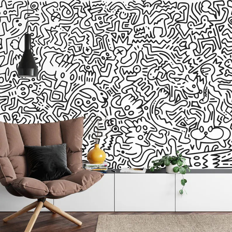 Black and White Doodle Mural Kids Room Wallpaper