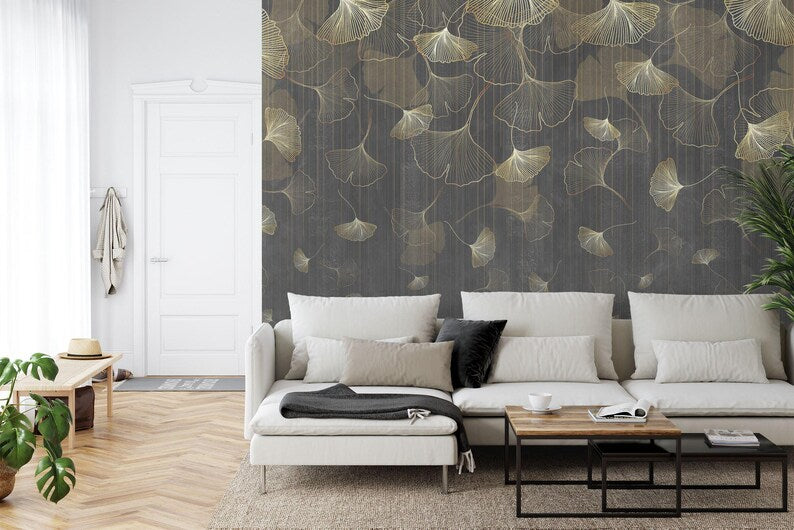 Vintage Ginkgo Leaf Wallpaper Mural, Grunge Art Print