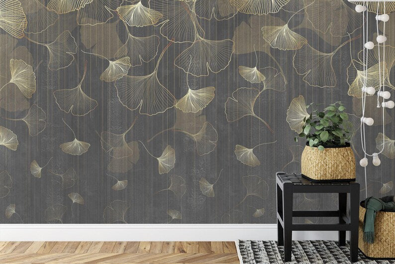 Vintage Ginkgo Leaf Wallpaper Mural, Grunge Art Print