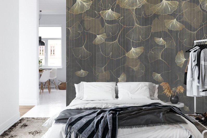 Vintage Ginkgo Leaf Wallpaper Mural, Grunge Art Print