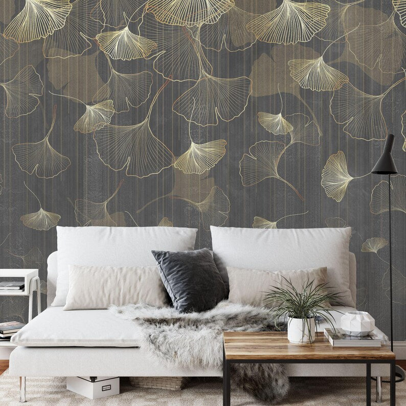 Vintage Ginkgo Leaf Wallpaper Mural, Grunge Art Print
