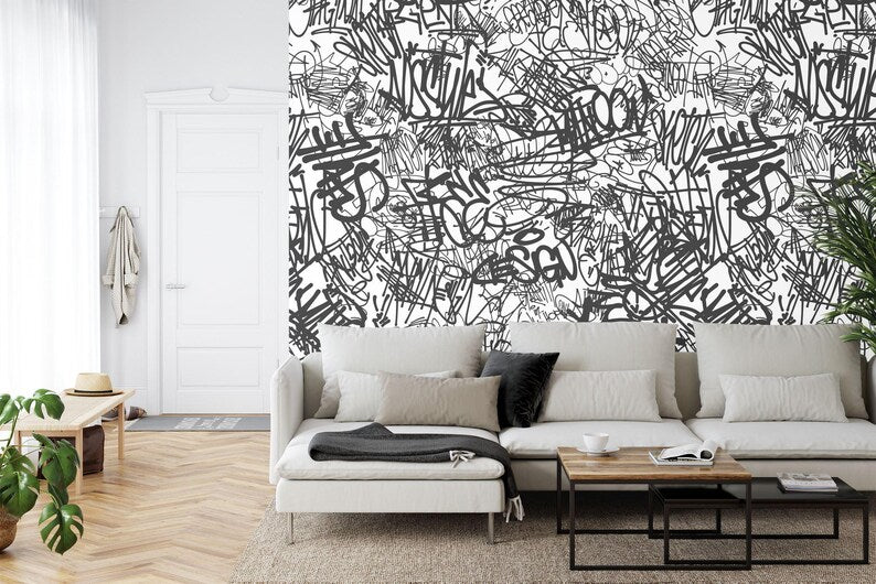 Urban Graffiti Wallpaper Mural, Black and White