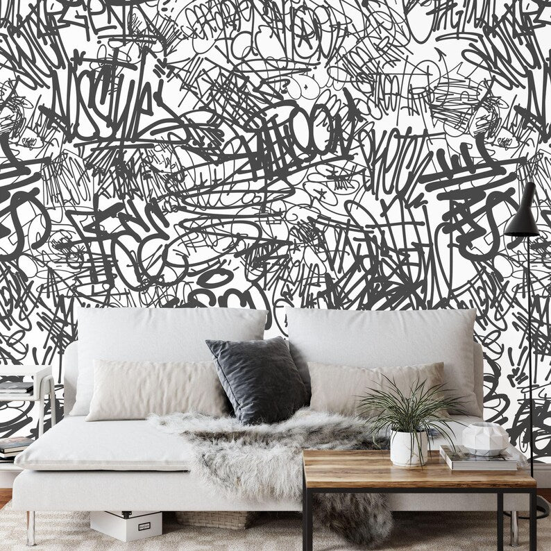 Urban Graffiti Wallpaper Mural, Black and White