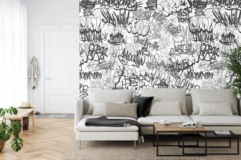 Urban Graffiti Wallpaper Mural, Black and White
