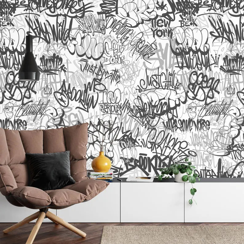 Urban Graffiti Wallpaper Mural, Black and White