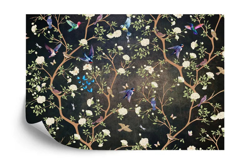 Chinoiserie Floral Bird Wallpaper Mural, Vintage Art Print