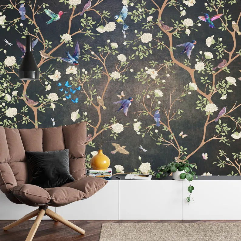 Chinoiserie Floral Bird Wallpaper Mural, Vintage Art Print