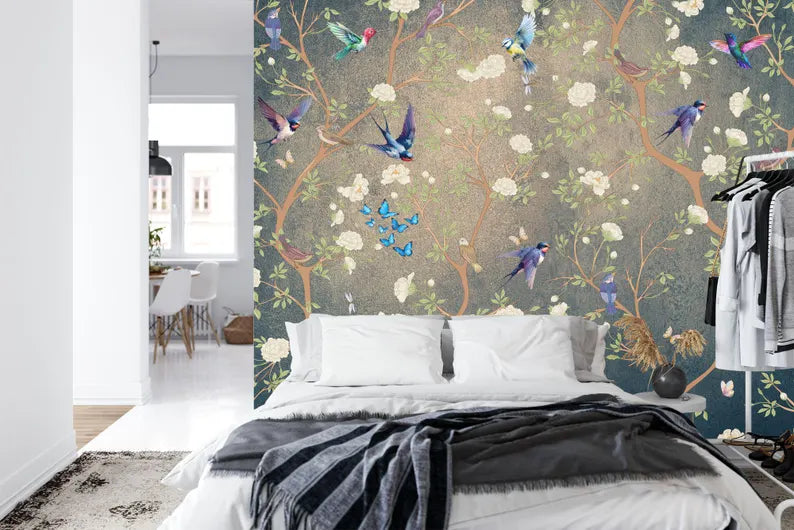 Chinoiserie Flowers Birds Wallpaper Mural, Vintage Art Print